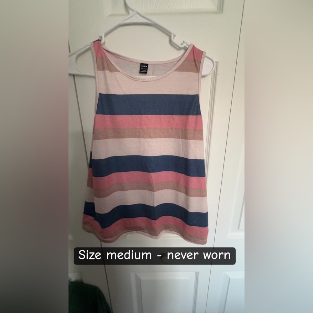 Striped Sleeveless Tank Top in Navy, Pink & Beige